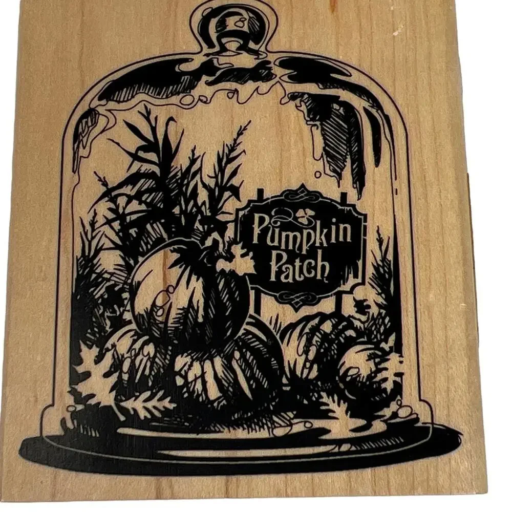 Pumpkin Patch Glass Cloche Rubber Stamp Wood Mounted Fall Crafting Block